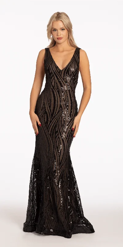 Sequin V Back Trumpet Dress with Illusion Side Panels