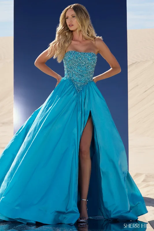 Sherri Hill 56830 Strapless Beaded Basque Waist Ball Gown with Taffeta Skirt Slit