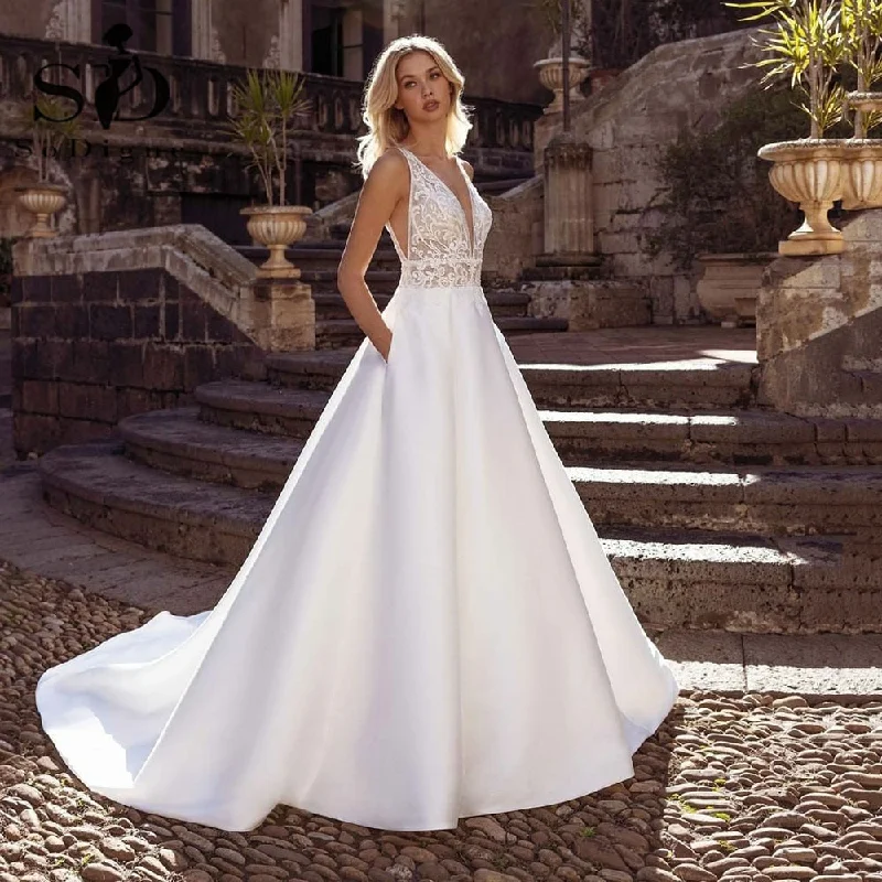 A Line Wedding Dress Robe De Mariee Deep V Neck Applique Wedding Dresses