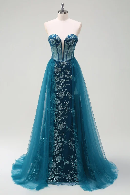 Sparkly Peacock Blue Mermaid Strapless Corset Long Prom Dress with Slit