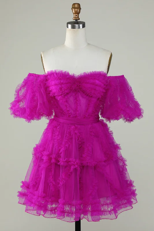 Stylish A Line Off the Shoulder Fuchsia Tulle Corset Homecoming Dress