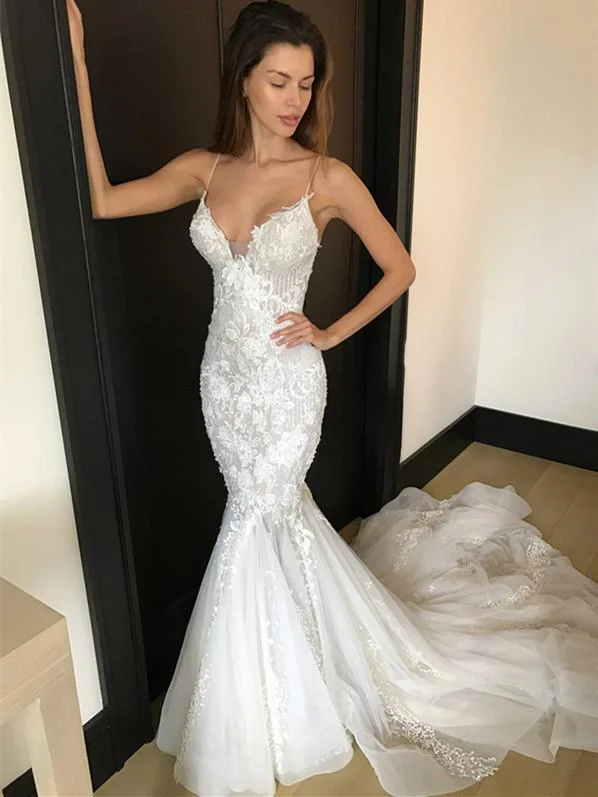 Unique Tulle Spaghetti Straps Neckline Mermaid Wedding Dresses With Appliques WD066