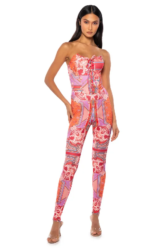 UNMATCHED PATTERNED CORSET JUMPSUIT