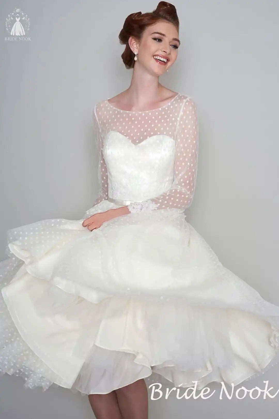 Vintage Style Long Sleeves Short Wedding Dress with Polka Dots