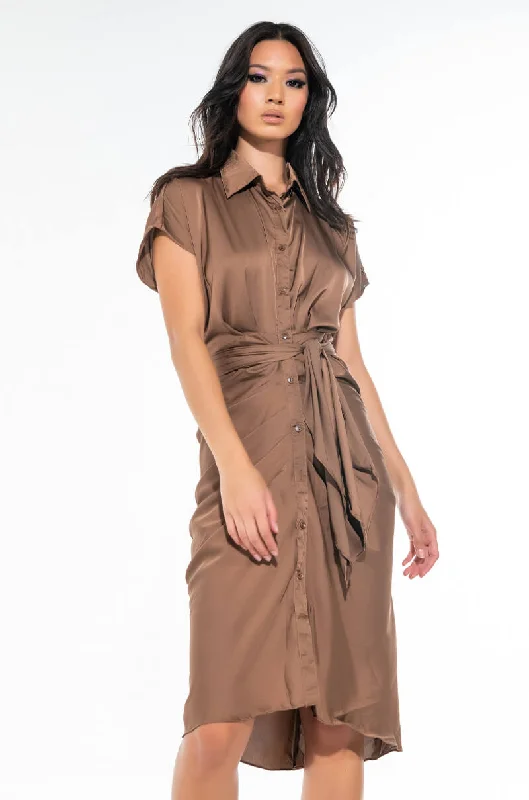 WEDDING GUEST READY SATIN TIE FRONT DRESS BROWN