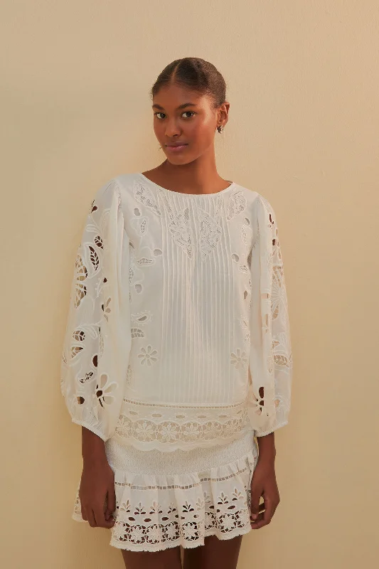 White Richelieu Short Sleeve Blouse