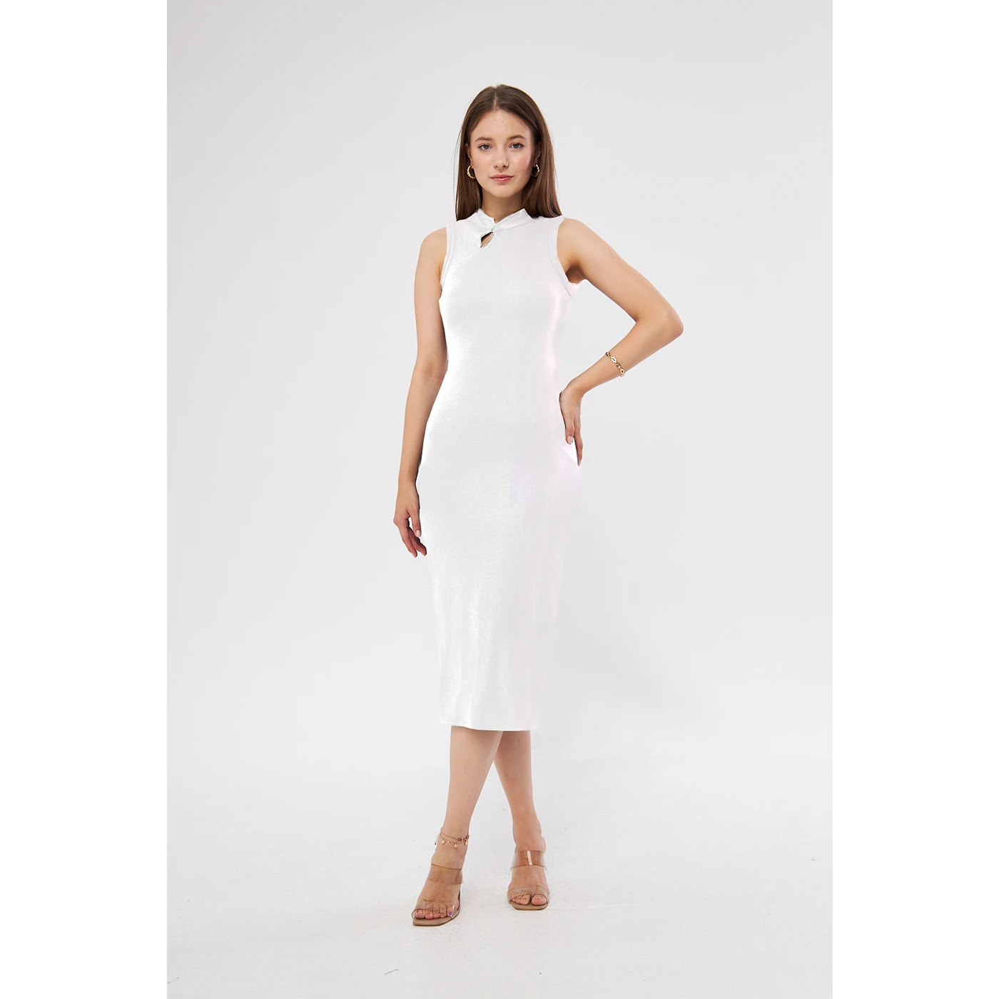 White Slit Neck Bodycon Dress