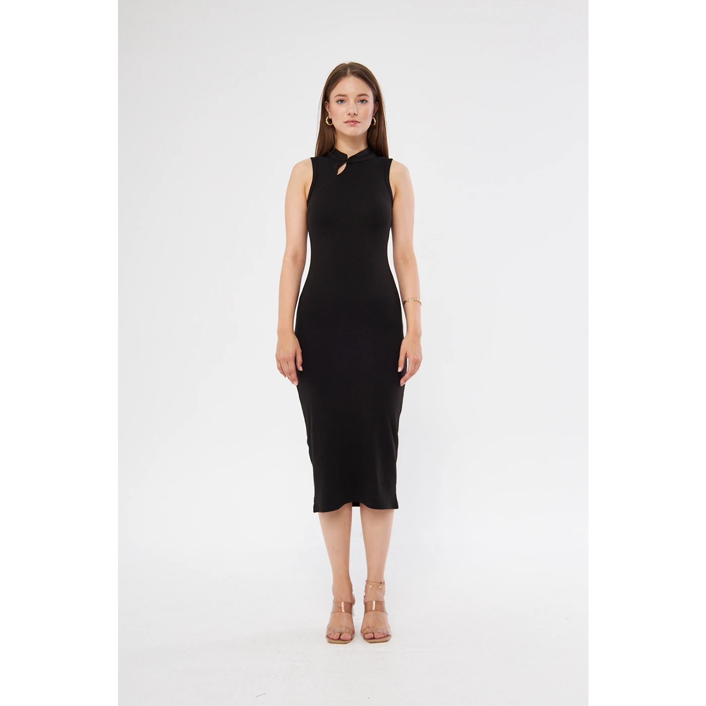 Black Slit Neck Bodycon Dress