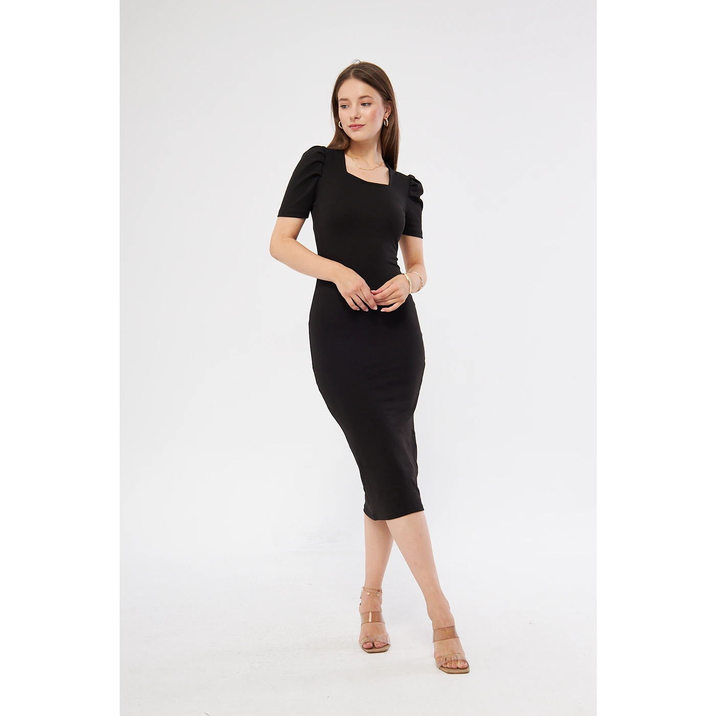 Black Square Neck Puff Sleeves Bodycon Dress