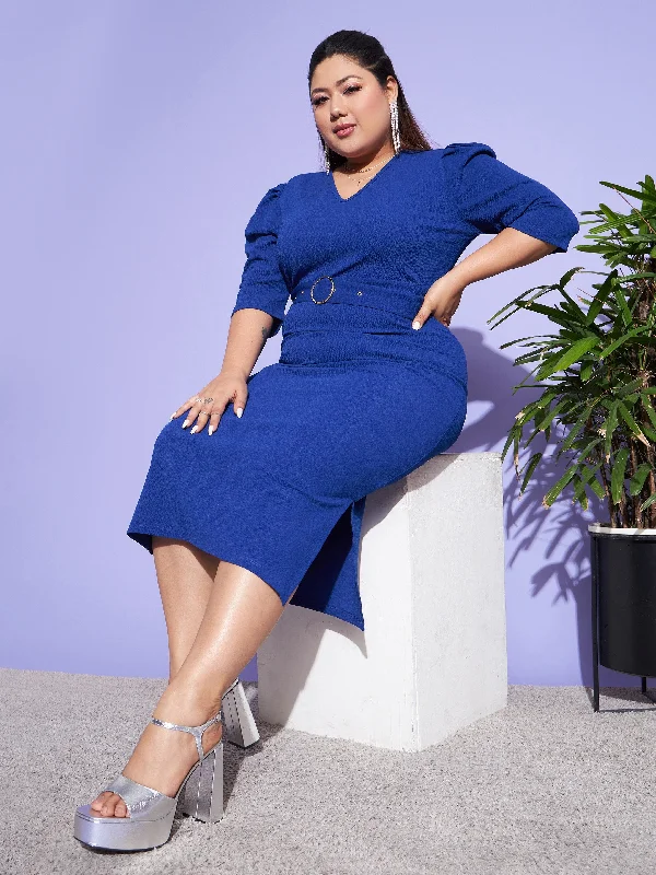 Women Royal Blue Belted Bodycon Dress