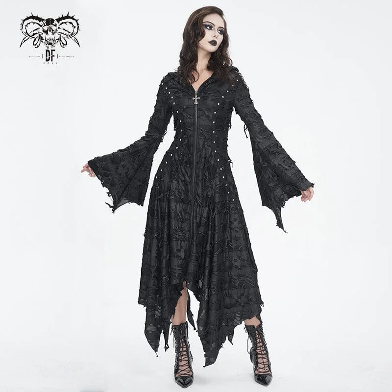 Women's Gothic Irregular Ripped Long Sleeved Hem Dress with Hood