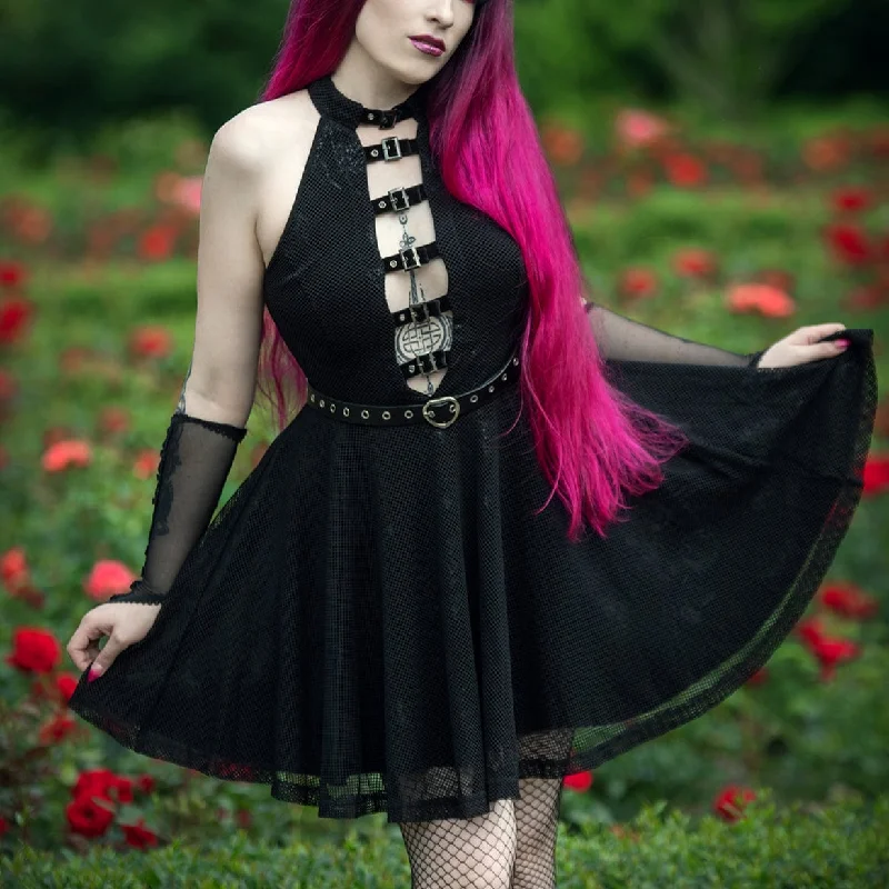 Women's Gothic Mesh Splice Rose Velvet Halterneck Dress