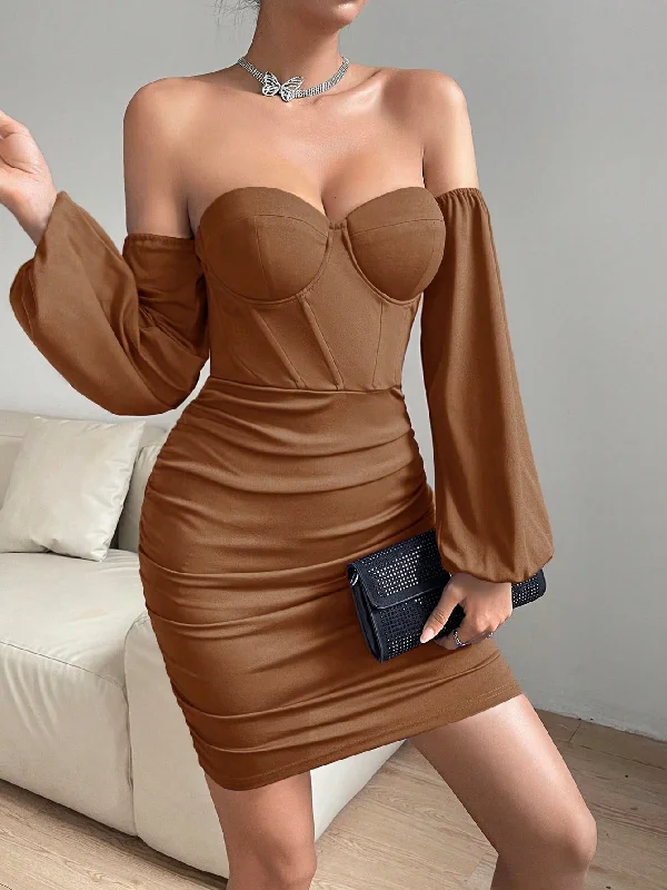 Women's Off Shoulder Lantern Sleeve Ruffle Bodycon Dress