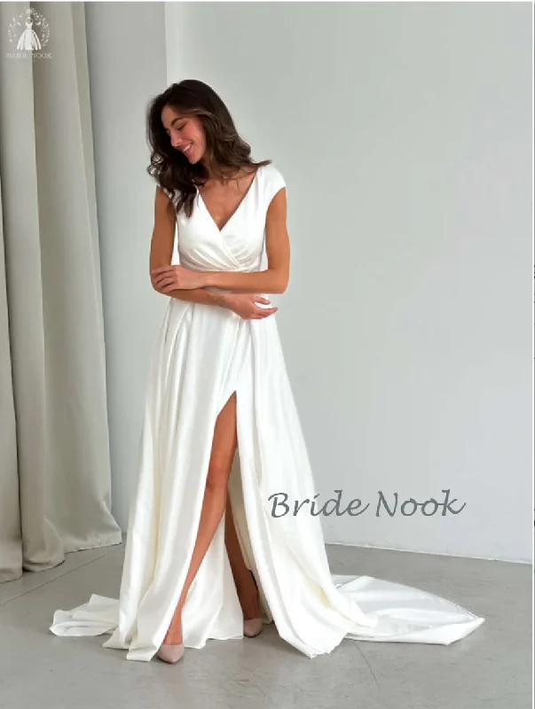 Wrap Neckline Sleeveless White Wedding Gown With open Slit