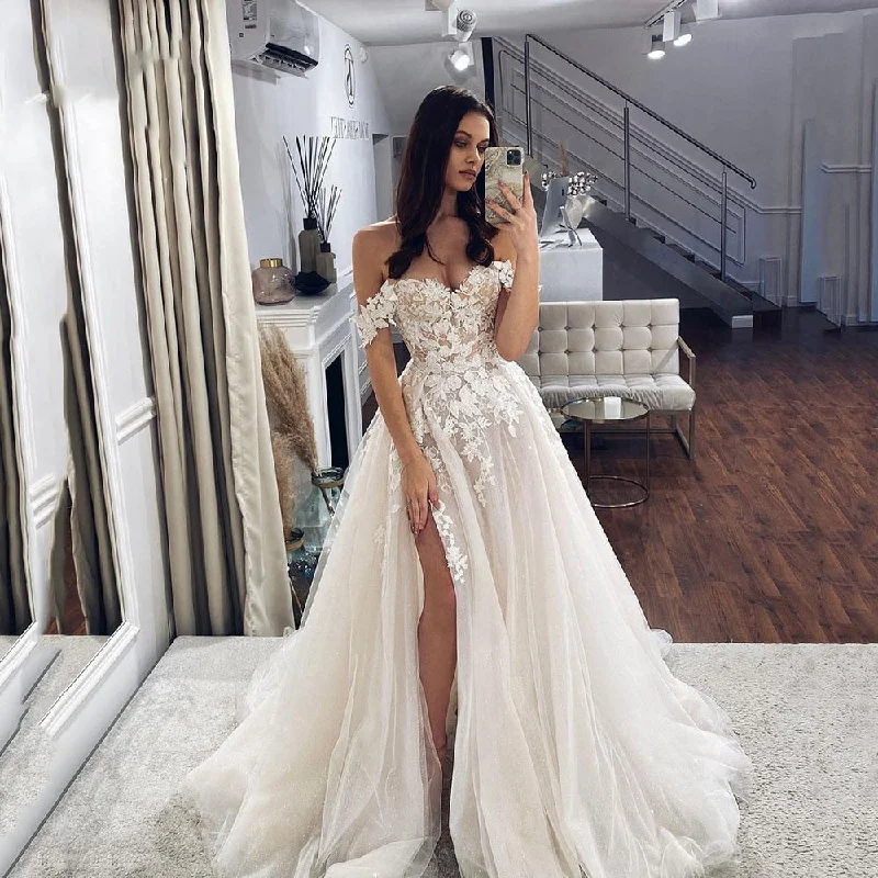 Beach Champagne Off The Shoulder Slit Tulle Wedding Dress For Bride