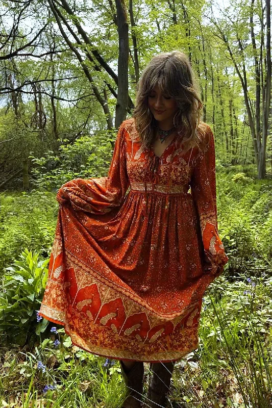 Peacock Primrose Dress in Burnt Orange