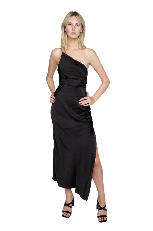 Satin Gather One Shoulder Dress