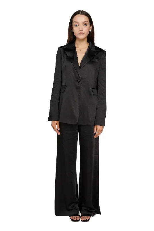 Satin Tailored Blazer and Flare Trouser Set Black