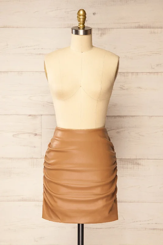 Tarare | Ruched Brown Faux-Leather Skirt